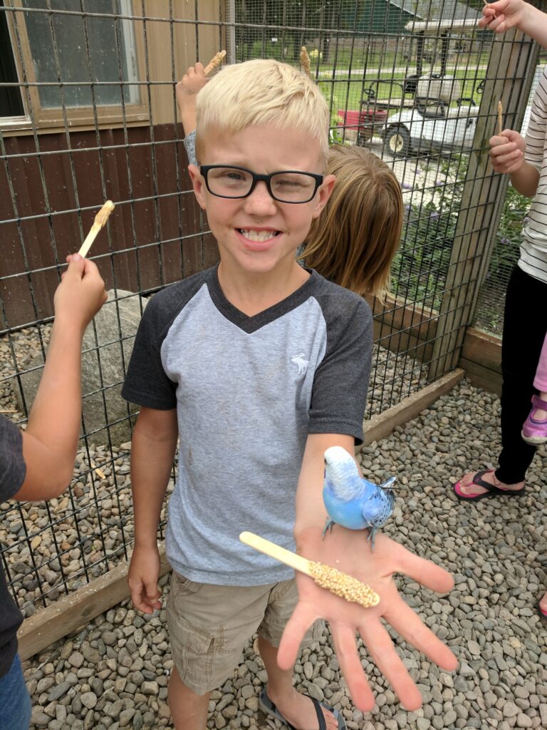 Photo of Colton Thompson holding a blue parakeet