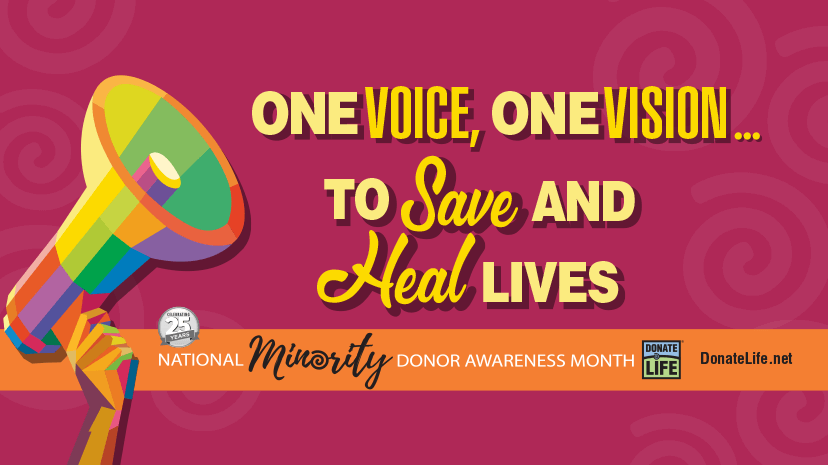 Graphic of a megaphone with the text "One voice, one vision... to save and heal lives."